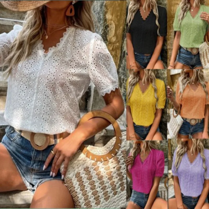 2025 Summer V-neck Hollow Out Lace Blouse Casual Clothes Elegant Solid Color Short Sleeve White Shirt Fashion Tops Blusas Mujer
2025 Summer V-neck Hollow Out Lace Blouse Casual Clothes Elegant Solid Color Short Sleeve White Shirt Fashion Tops Blusas Mujer