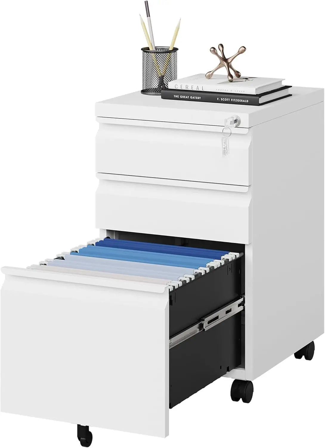 White filing cabinet with 3 drawers on wheels, metal rolling filing cabinet with lock for home office
White filing cabinet with 3 drawers on wheels, metal rolling filing cabinet with lock for home office