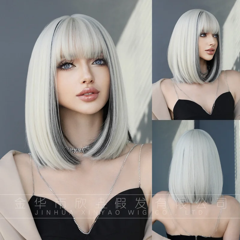 Platinum blonde with black highlights, fashionable short straight synthetic hair wig for European and American women
Platinum blonde with black highlights, fashionable short straight synthetic hair wig for European and American women