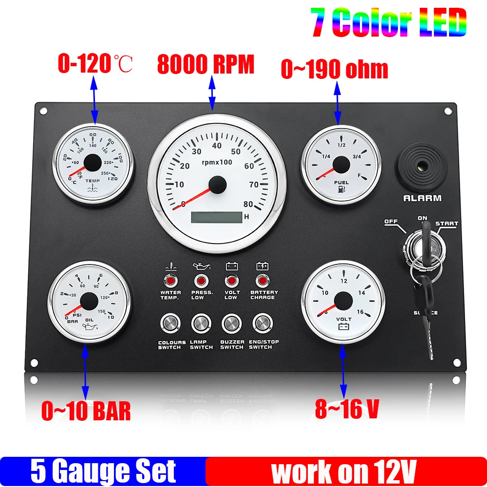 7 Color Backlight 5 Gauge Set Tachometer Fuel Level Gauge Oil Pressure Meter Water Temp Voltmeter 12V Marine Dashboard Panel
7 Color Backlight 5 Gauge Set Tachometer Fuel Level Gauge Oil Pressure Meter Water Temp Voltmeter 12V Marine Dashboard Panel
