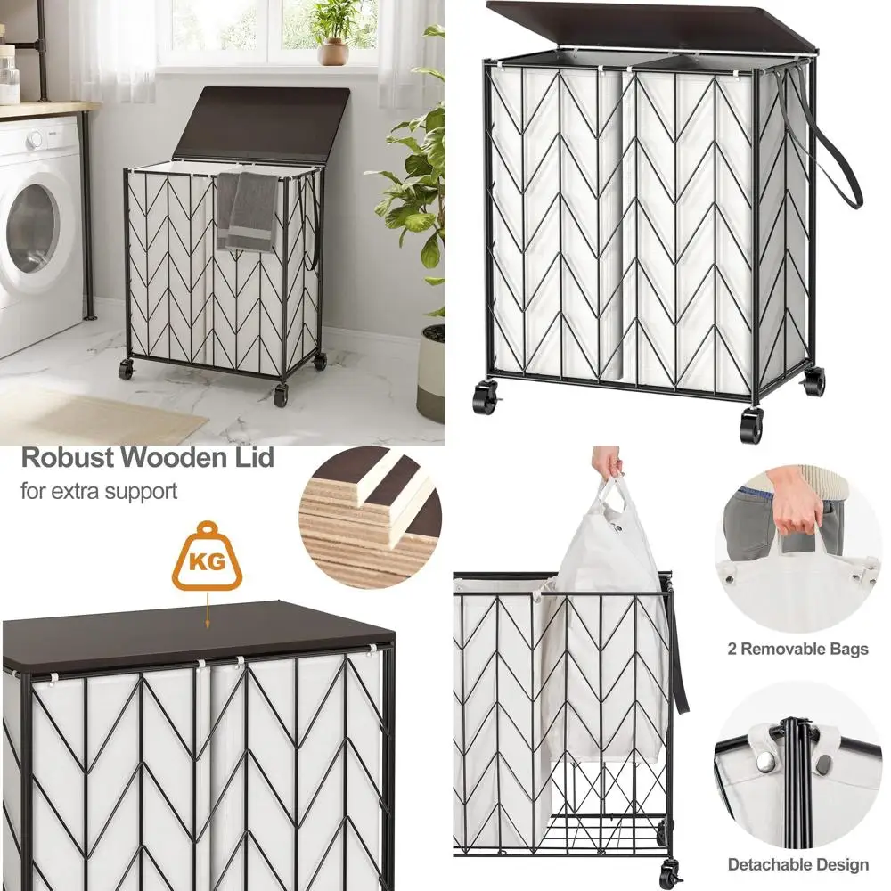 Прочная корзина для белья на колесах с деревянной крышкой и съемным вкладышем для эффективной сортировки и хранения
Прочная корзина для белья на колесах с деревянной крышкой и съемным вкладышем для эффективной сортировки и хранения