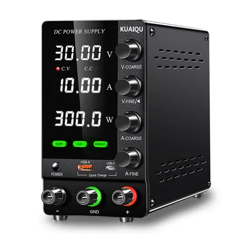 KUAIQU 2024 Newest OCP OVP DC Adjustable Laboratory Power Supply 30V 10A 5A Output Switch USB-A TYPE-C Port Fast Charging 120V