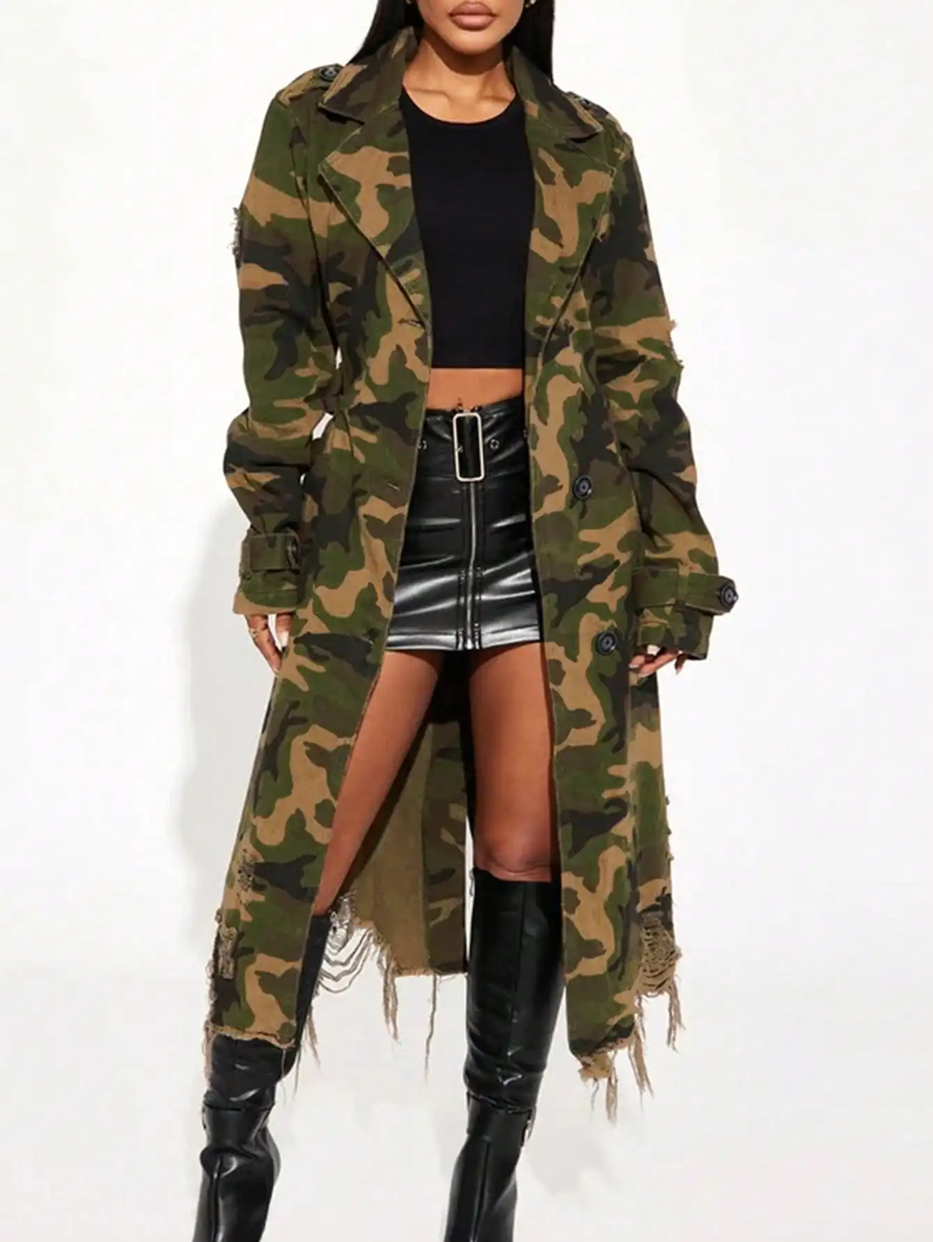 Women's Distressed Camo Long Trench Coat with Frayed Hem and Military Style
Women's Distressed Camo Long Trench Coat with Frayed Hem and Military Style