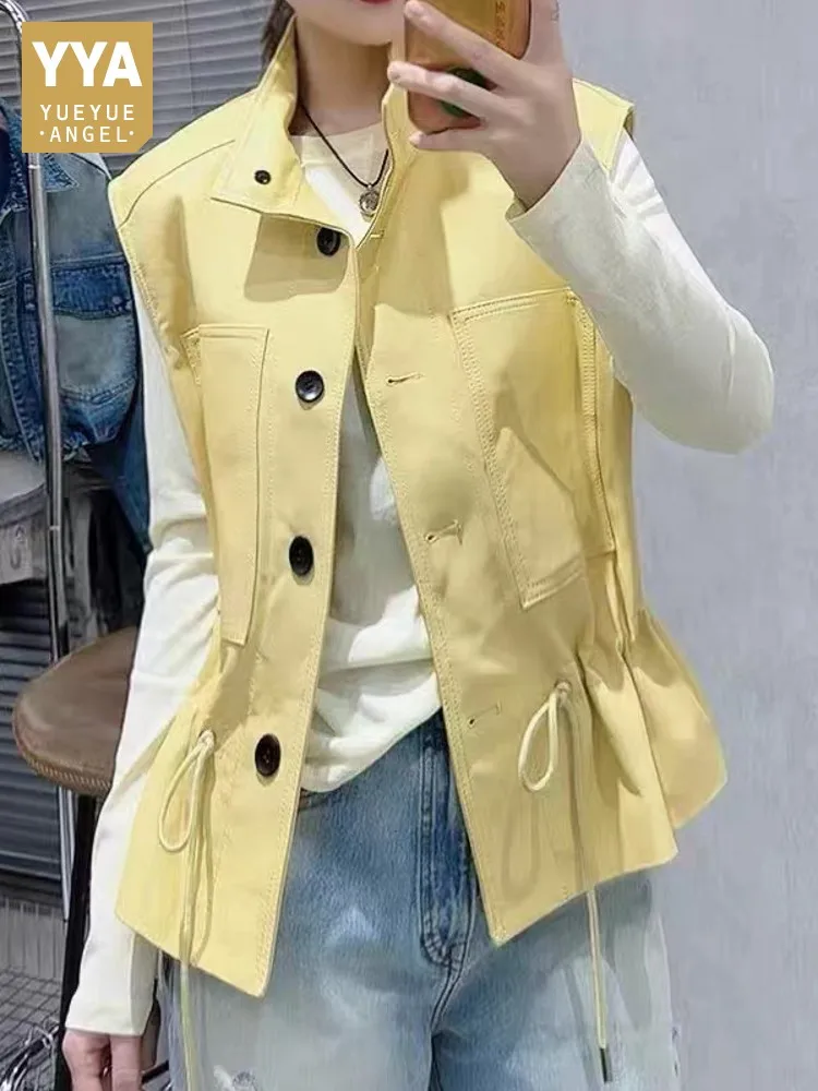 Fashion Women Stand Collar Single Breasted Sheepskin Genuine Leather Vest Adjustable Waist Casual Waistcoat Pink Yellow Tops 3XL
Fashion Women Stand Collar Single Breasted Sheepskin Genuine Leather Vest Adjustable Waist Casual Waistcoat Pink Yellow Tops 3XL