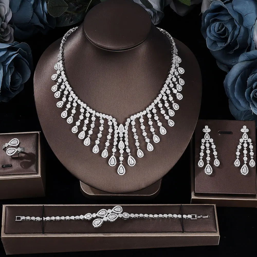 Nigeria 4pcs Bridal Zirconia Jewelry Sets For Women Party, Luxury Dubai Nigeria platinum plating CZ Crystal Wedding Jewelry Sets
Nigeria 4pcs Bridal Zirconia Jewelry Sets For Women Party, Luxury Dubai Nigeria platinum plating CZ Crystal Wedding Jewelry Sets