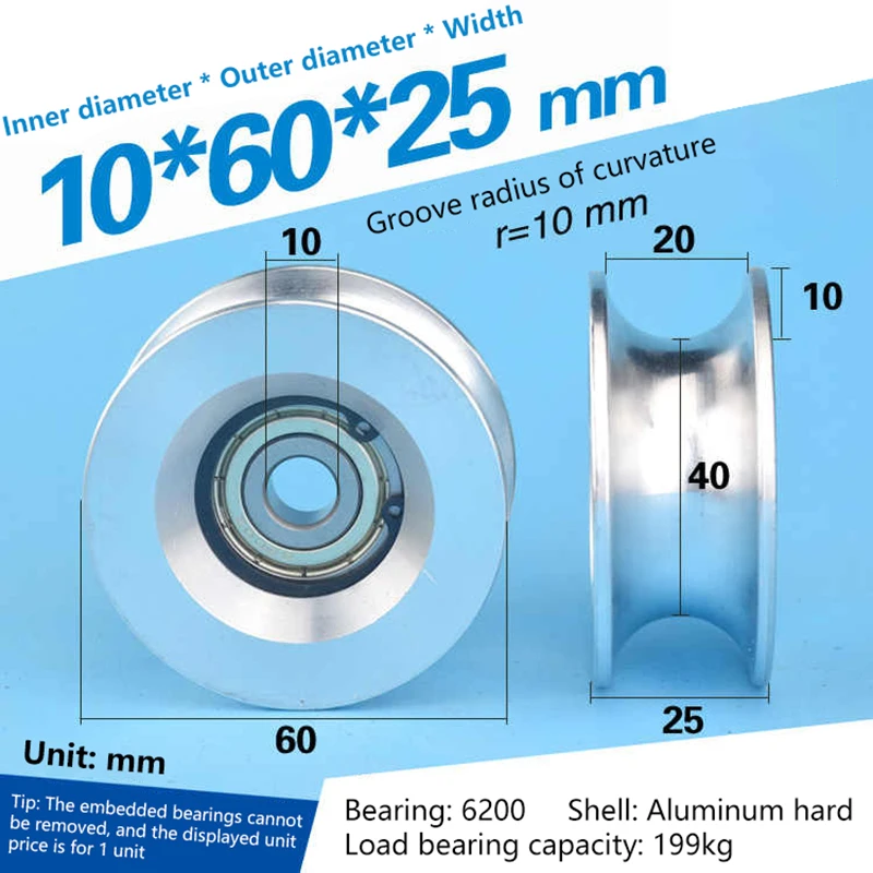 High Load Aluminum Bearing Roller 10*60*25mm, 1Pcs U-Type Roller Guide Wheel with Rubber Moving Pulley, 6200 Bearing
High Load Aluminum Bearing Roller 10*60*25mm, 1Pcs U-Type Roller Guide Wheel with Rubber Moving Pulley, 6200 Bearing