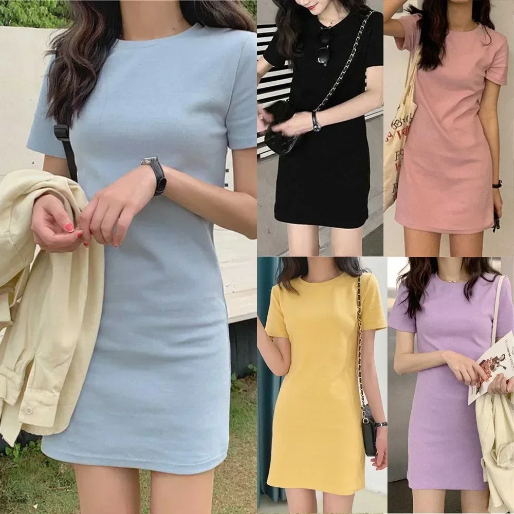 Women Summer Long Short Sleeve T-shirt Dress Korean Style Ladies Candy Color Dresses Fashion Comfortable 
Women Summer Long Short Sleeve T-shirt Dress Korean Style Ladies Candy Color Dresses Fashion Comfortable