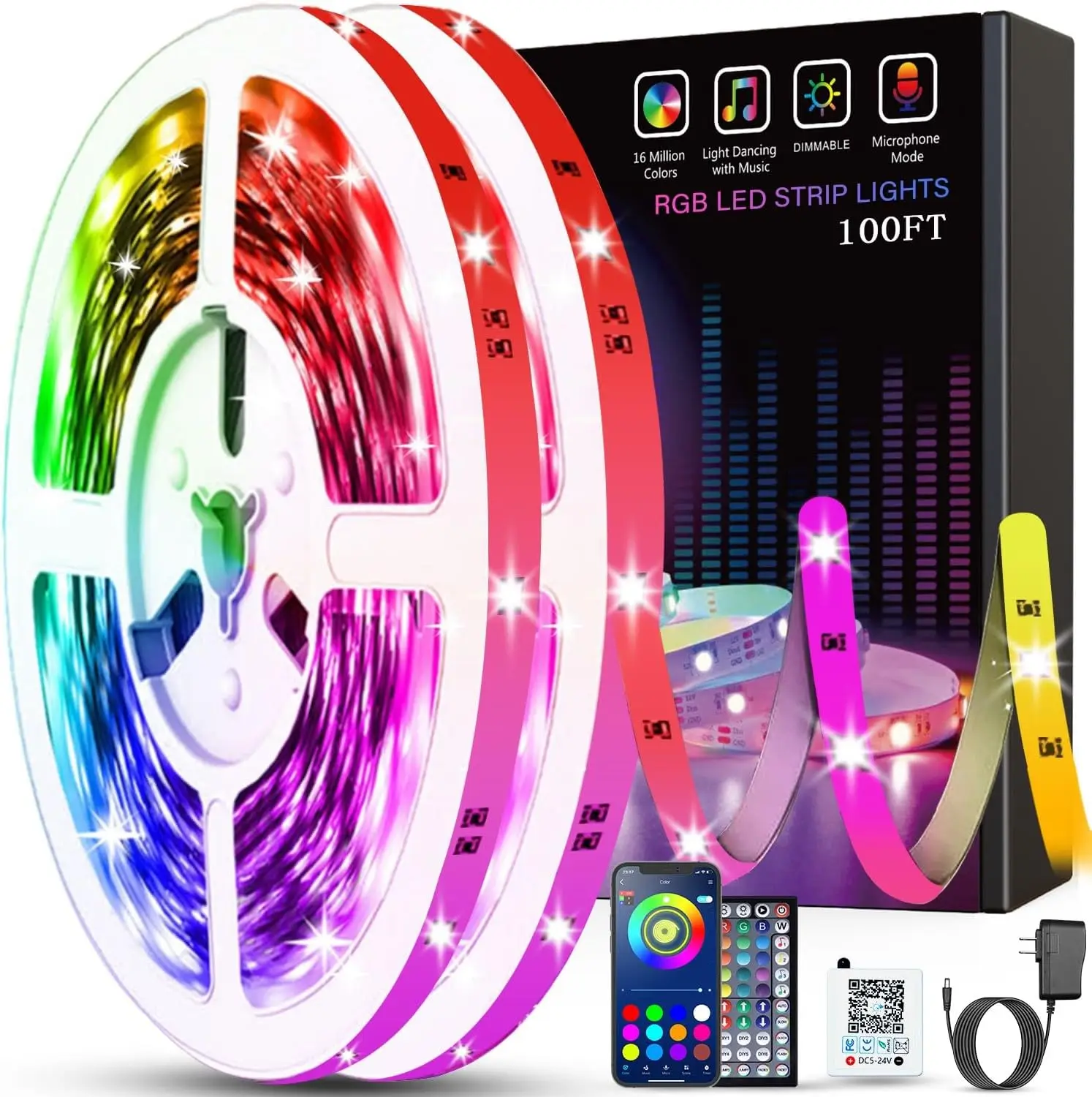 100-футовая светодиодная RGB-лента с синхронизацией музыки, пультом и управлением через приложение для спальни, украшения дома и вечеринок
100-футовая светодиодная RGB-лента с синхронизацией музыки, пультом и управлением через приложение для спальни, украшения дома и вечеринок