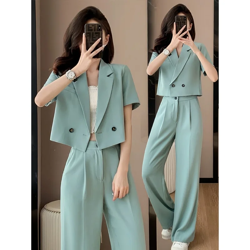Blue Casual Short Suit Coat Women's Summer Thin High-End Fashion Small Elegant Wide Leg Pants Suit
Blue Casual Short Suit Coat Women's Summer Thin High-End Fashion Small Elegant Wide Leg Pants Suit