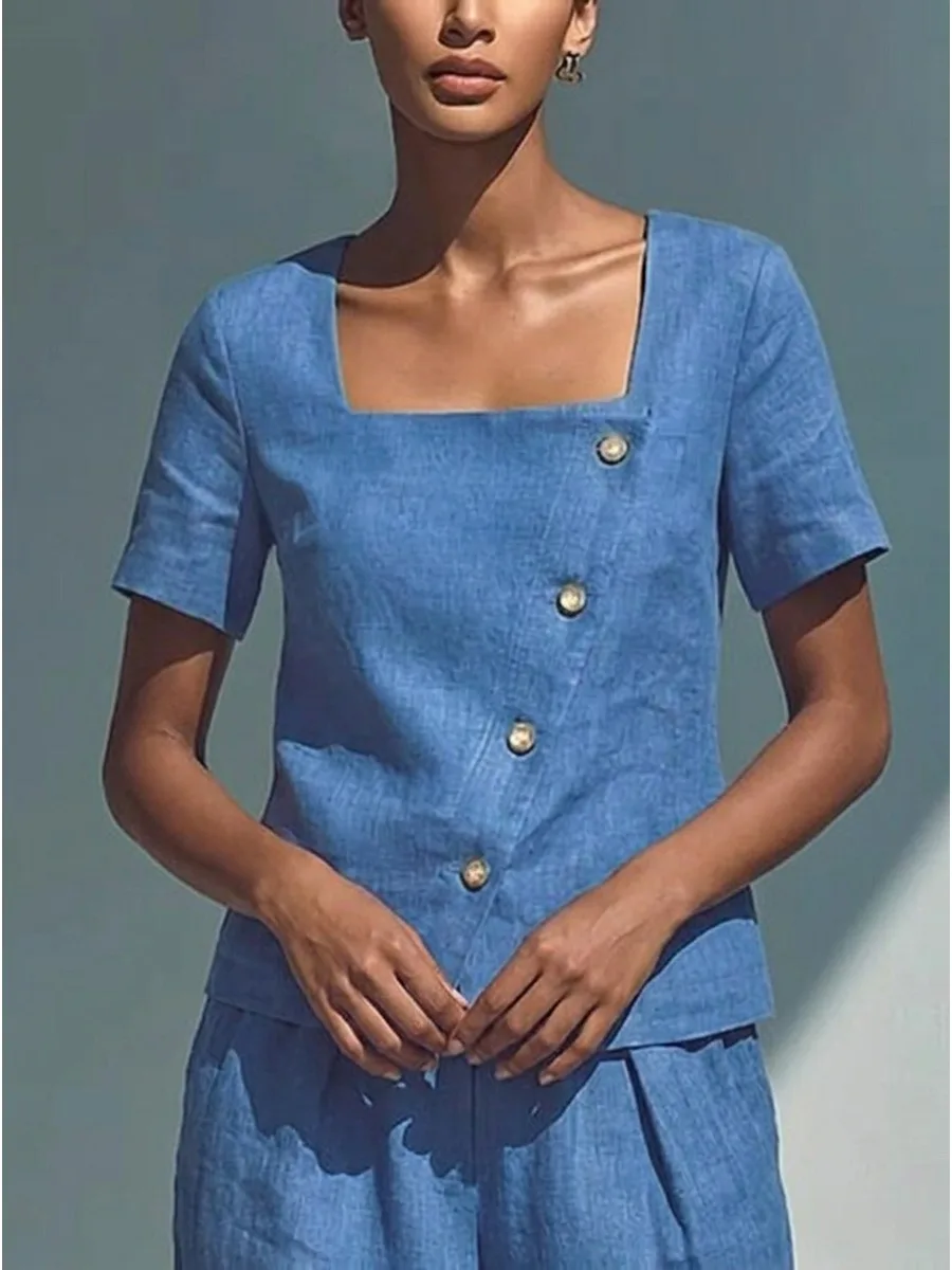 Freeacy Solid Blue Square Neck Short Sleeve Casual T-shirt for Women Asymmetrical Buttoned Loose Fit Shirt Top Fashion Blouse
Freeacy Solid Blue Square Neck Short Sleeve Casual T-shirt for Women Asymmetrical Buttoned Loose Fit Shirt Top Fashion Blouse