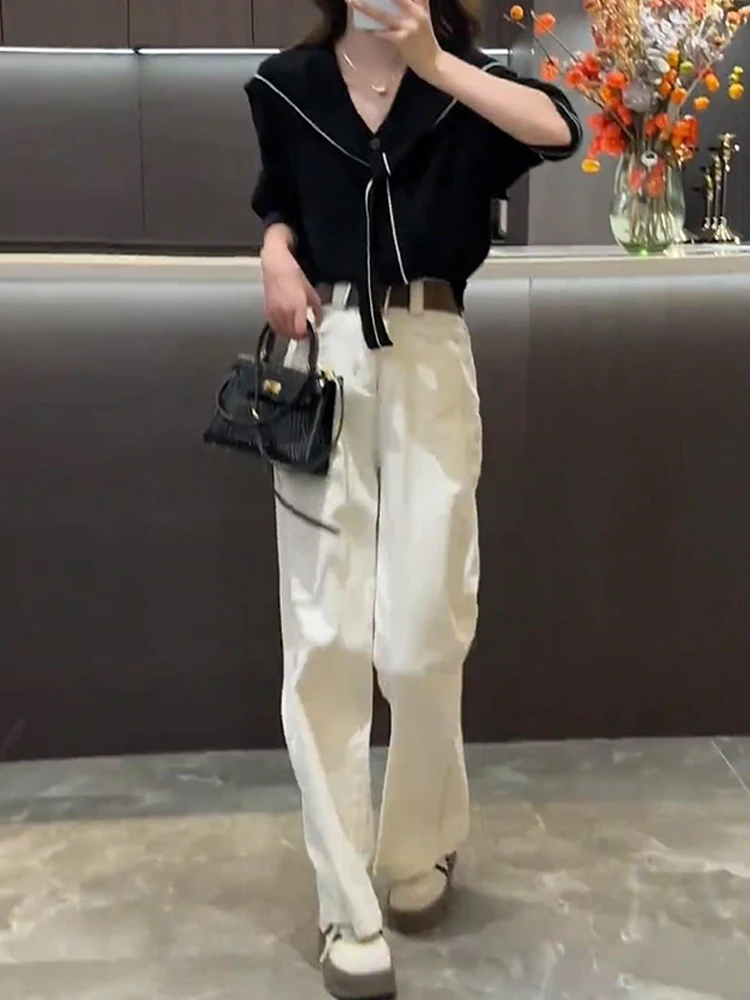 Fashionable Autumnal Women's Knitted Long Sleeve Top And Wide Leg Jeans Two Piece Set Color Block Casual Style High Waist
Fashionable Autumnal Women's Knitted Long Sleeve Top And Wide Leg Jeans Two Piece Set Color Block Casual Style High Waist