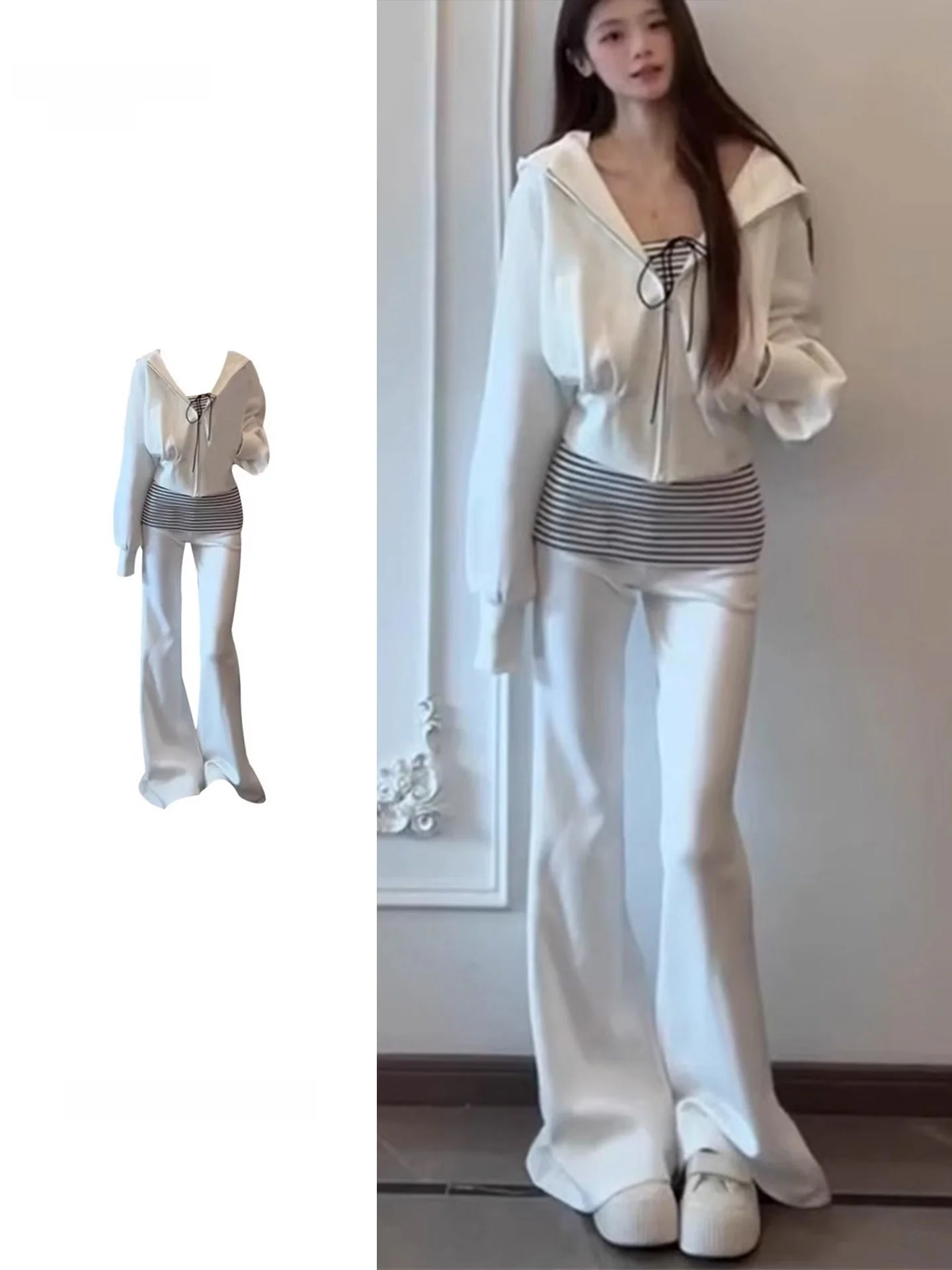 Ladies Large Size Lazy Style Hoodie Jacket Set Striped Inner Wear Flared Pants Fashionable Three Piece Set Spring Season Wear
Ladies Large Size Lazy Style Hoodie Jacket Set Striped Inner Wear Flared Pants Fashionable Three Piece Set Spring Season Wear