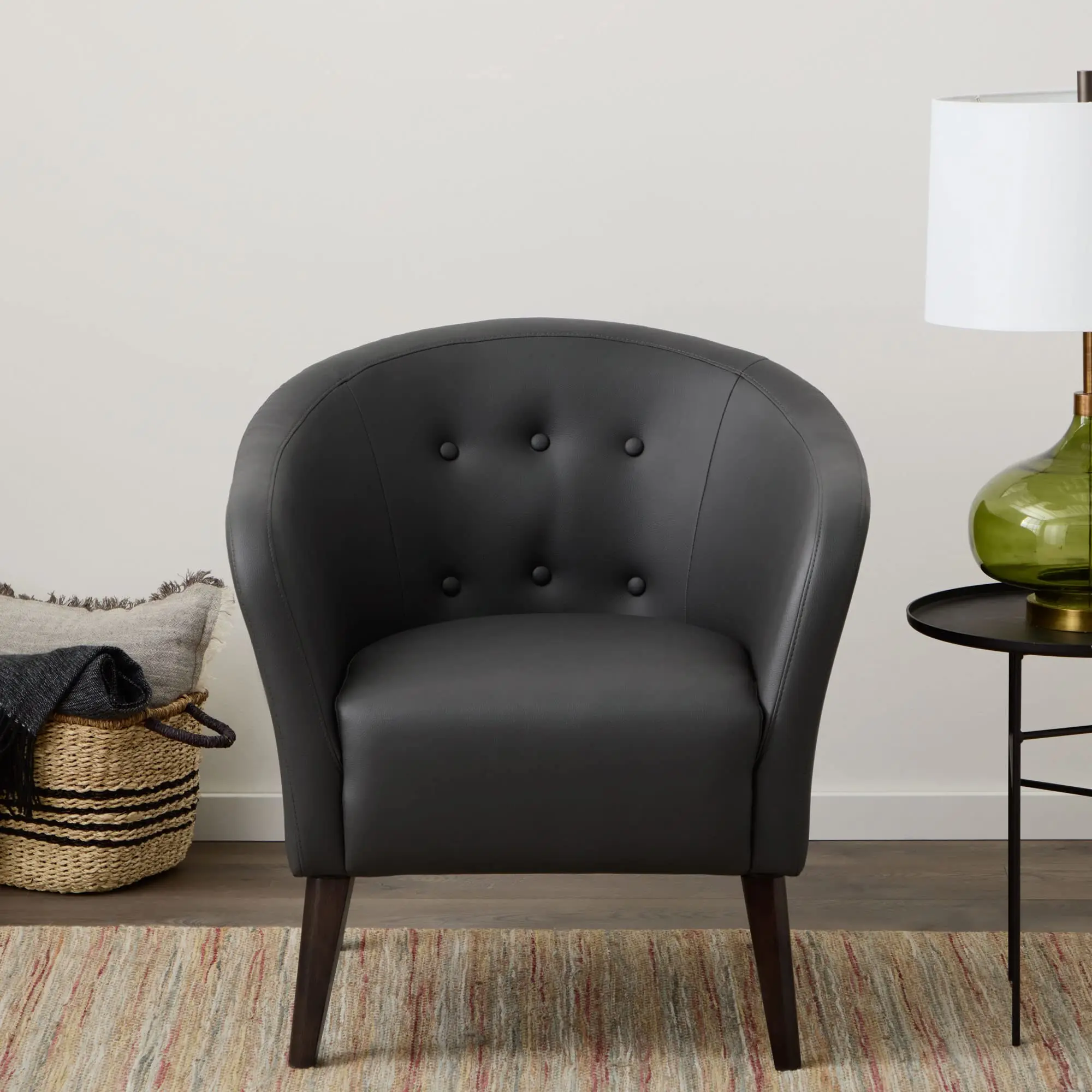 Button Tufted Barrel Armchair With Wooden Legs Faux Leather Living Room Chair
Button Tufted Barrel Armchair With Wooden Legs Faux Leather Living Room Chair