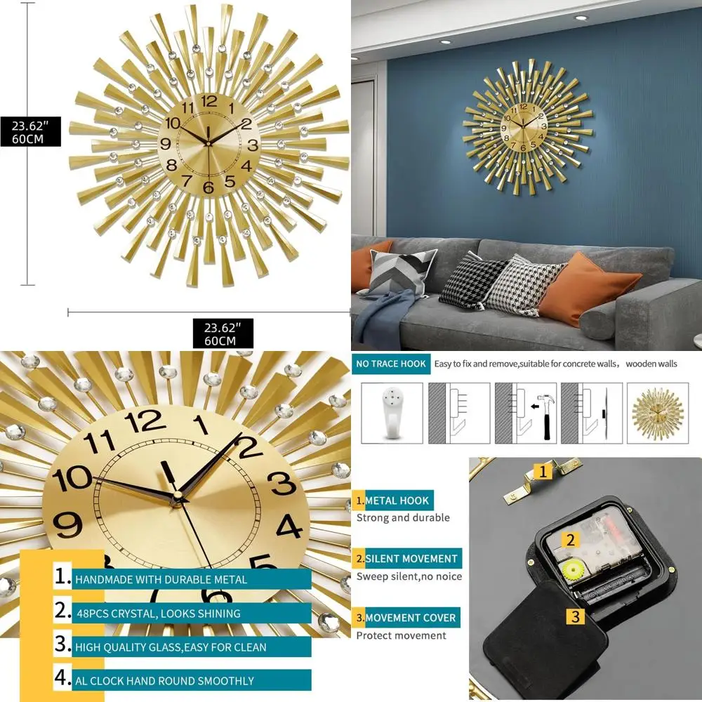 Modern 24-Inch Gold Silent Wall Clock, Battery-Powered & Non-Ticking, Ideal for Living Room, Bedroom, Kitchen, and Home Office D
Modern 24-Inch Gold Silent Wall Clock, Battery-Powered & Non-Ticking, Ideal for Living Room, Bedroom, Kitchen, and Home Office D