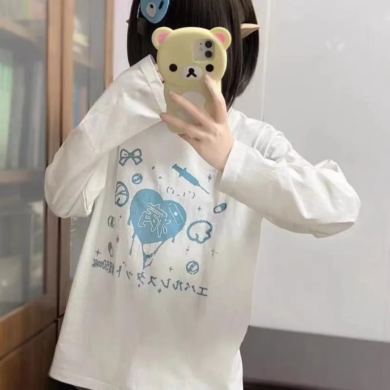 Свободные футболки Camisetas в консервативном стиле Y2k, японские толстовки, белые женские футболки, кавайный мультяшный принт с милым сердечком и длинным рукавом
Свободные футболки Camisetas в консервативном стиле Y2k, японские толстовки, белые женские футболки, кавайный мультяшный принт с милым сердечком и длинным рукавом