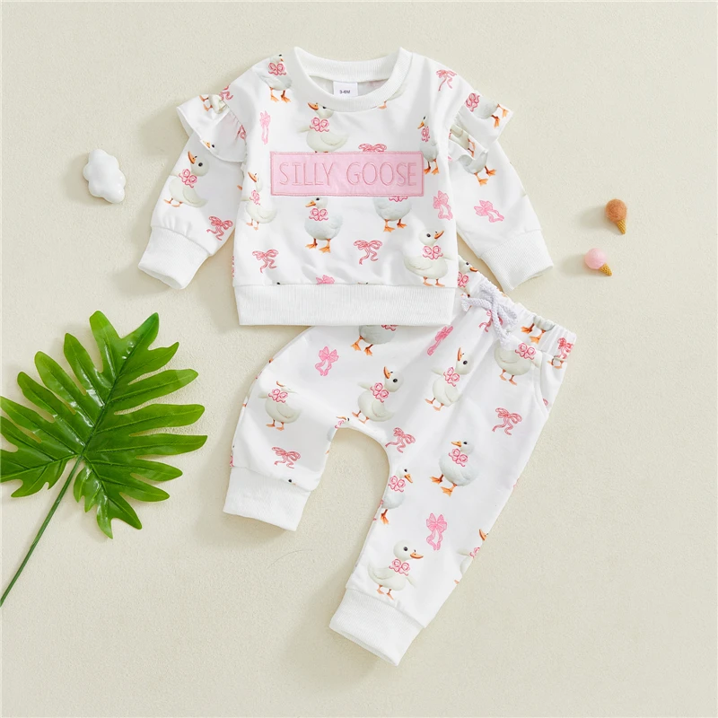 Toddler Infant Girls Fall Outfits Goose Print Letter Embroidery Long Sleeve Sweatshirt and Elastic Pants Set 2Piece Clothes
Toddler Infant Girls Fall Outfits Goose Print Letter Embroidery Long Sleeve Sweatshirt and Elastic Pants Set 2Piece Clothes