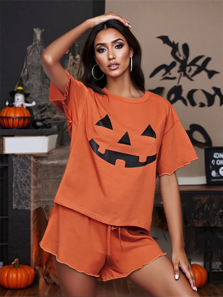 CHRONSTYLE Women 2-Piece Halloween Outfits Pumpkin Face Print Loose T-Shirt and Elastic Shorts for Club Streetwear
CHRONSTYLE Women 2-Piece Halloween Outfits Pumpkin Face Print Loose T-Shirt and Elastic Shorts for Club Streetwear
