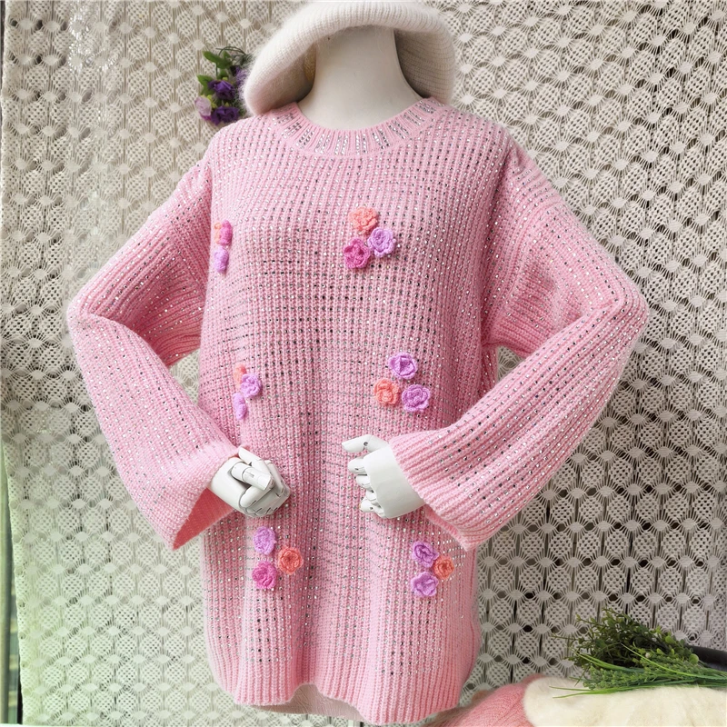 Heavy Thick Ladies Women Fashion Sweet Pink Beading Flower O-Neck Long Sleeevs Loose Knitwear Pullover Sweater Jumper Pull Tops
Heavy Thick Ladies Women Fashion Sweet Pink Beading Flower O-Neck Long Sleeevs Loose Knitwear Pullover Sweater Jumper Pull Tops