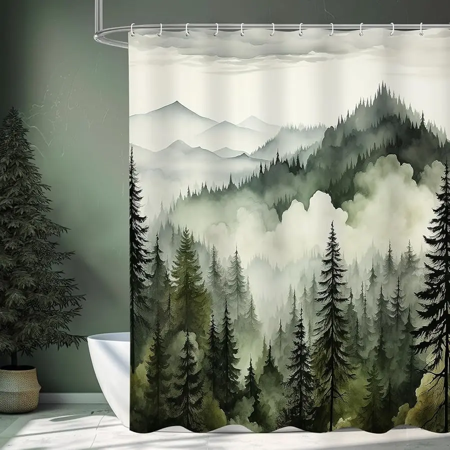 Dark Green Misty Pine Forest Shower Curtain, Mountain Foggy Woodland Scenery Tree Shower Curtains for Chic Rustic Bathroom, Abst 
Dark Green Misty Pine Forest Shower Curtain, Mountain Foggy Woodland Scenery Tree Shower Curtains for Chic Rustic Bathroom, Abst