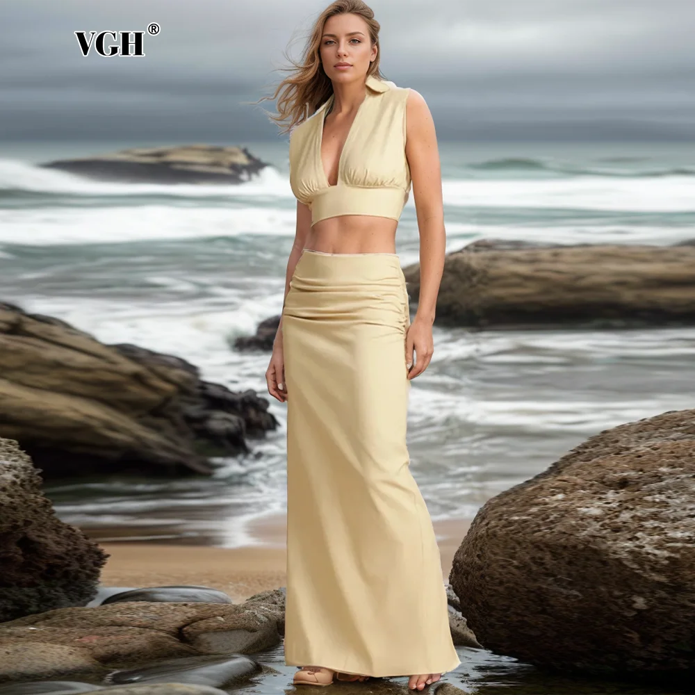 VGH Elegant Solid Two Piece Sets For Women Lapel Sleeveless Tops High Waist Spliced Folds Long Skirts Slimming Set Female New
VGH Elegant Solid Two Piece Sets For Women Lapel Sleeveless Tops High Waist Spliced Folds Long Skirts Slimming Set Female New