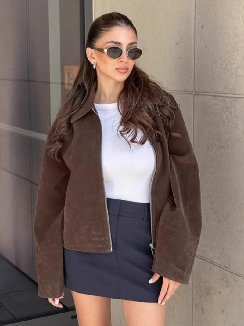 FDYOUI женские замшевые пальто с отложным воротником на молнии, осень 202, офисная женская однотонная верхняя одежда с длинными рукавами, винтажные куртки, уличная одежда 
FDYOUI женские замшевые пальто с отложным воротником на молнии, осень 202, офисная женская однотонная верхняя одежда с длинными рукавами, винтажные куртки, уличная одежда