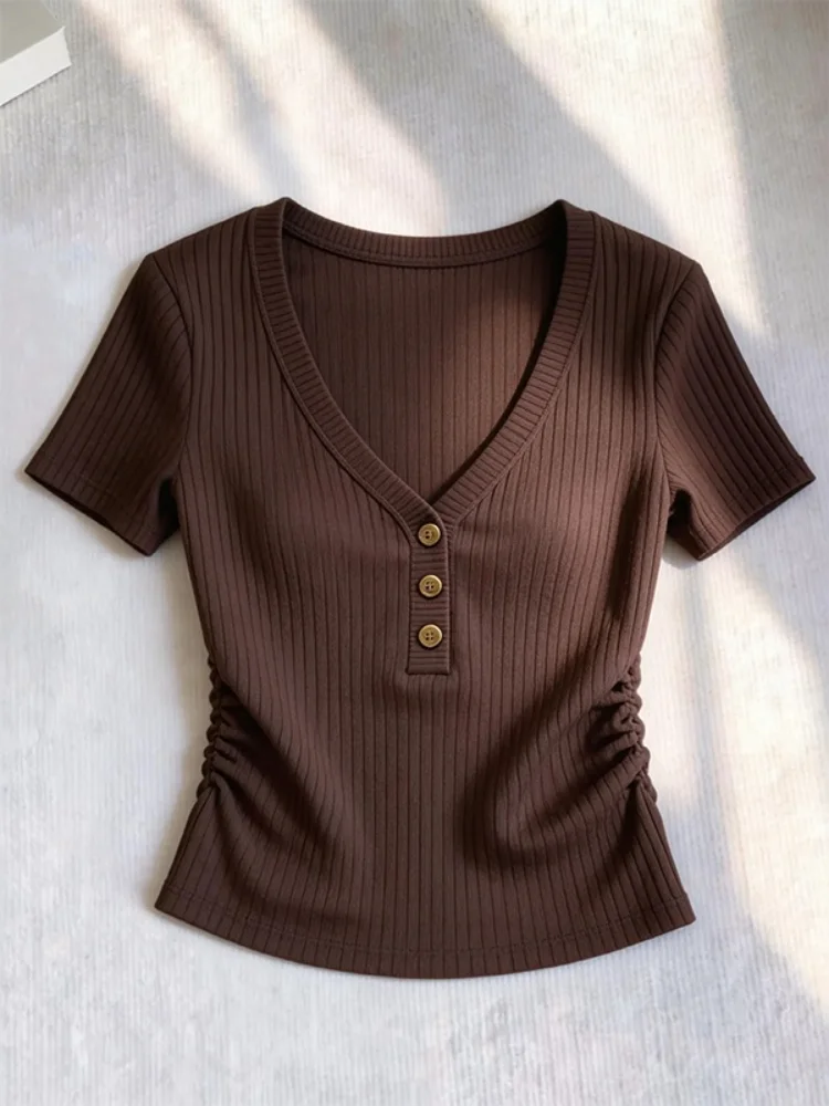 Casual Knitted T-Shirt Women's Summer Versatile Commute Short Sleeve V-Neck Gathered Waist Retro Style Loose Fit Ladies Top
Casual Knitted T-Shirt Women's Summer Versatile Commute Short Sleeve V-Neck Gathered Waist Retro Style Loose Fit Ladies Top