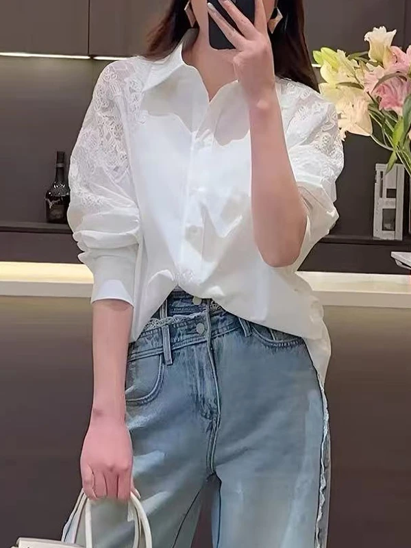 Женская свободная повседневная блузка с кружевной вышивкой и длинным рукавом, белая, однотонная, в корейском стиле, новинка весны, для офиса
Женская свободная повседневная блузка с кружевной вышивкой и длинным рукавом, белая, однотонная, в корейском стиле, новинка весны, для офиса