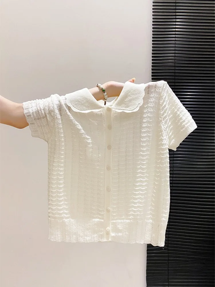 Korean Style Knitted Hollow out Short Sleeve Doll Collar Cardigan Women's Summer New Fashion Youthful Quality Short Top
Korean Style Knitted Hollow out Short Sleeve Doll Collar Cardigan Women's Summer New Fashion Youthful Quality Short Top