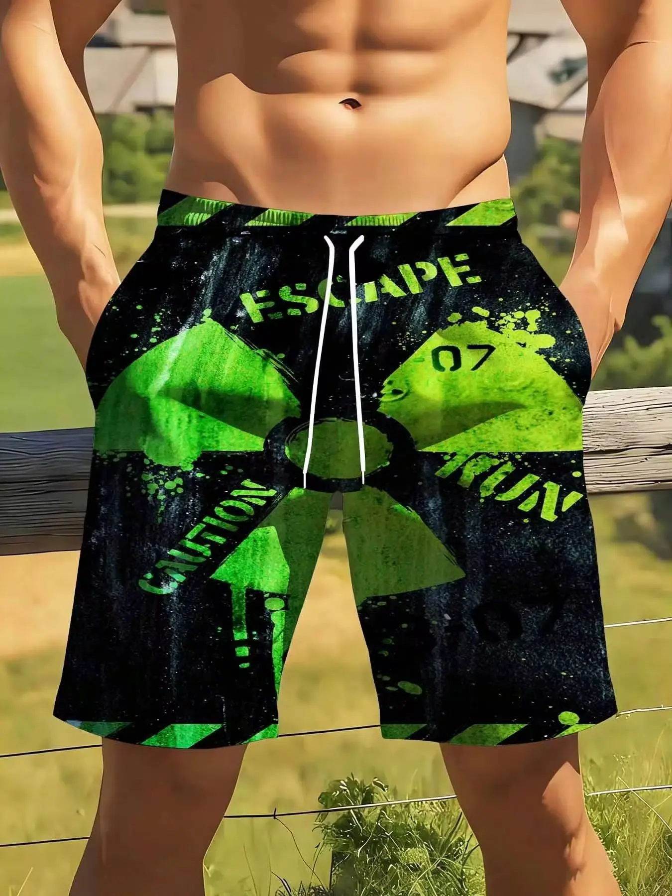 Escape Run 07 Caution Print Swim Trunks For Men Big Size Suitable For Casual Sports Wear Green Black Patterned Beach Shorts With Drawstring
Escape Run 07 Caution Print Swim Trunks For Men Big Size Suitable For Casual Sports Wear Green Black Patterned Beach Shorts With Drawstring