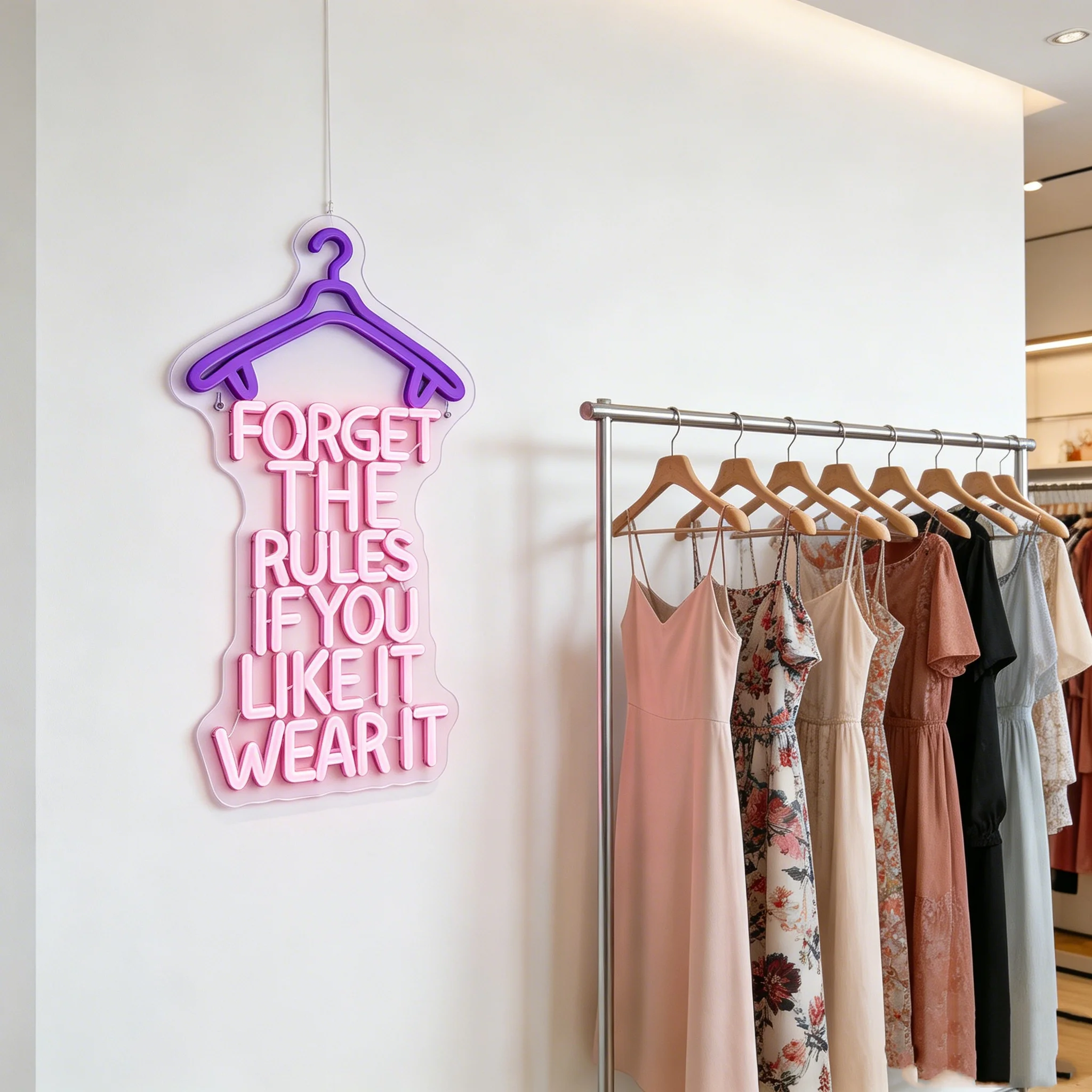 1 x Pink Neon Sign – ‘Forget the rules, wear what you like’ – Decorative LED neon sign suitable for clothing shop changing rooms
1 x Pink Neon Sign – ‘Forget the rules, wear what you like’ – Decorative LED neon sign suitable for clothing shop changing rooms