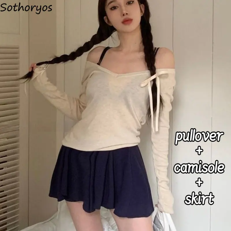 3 Pcs Sets Women Spring Sweet Gentle Cozy Pullover Off-shoulder Chic Sexy Camisole Mini Ruffles Skirts Y2k Outfit Ulzzang Casual
3 Pcs Sets Women Spring Sweet Gentle Cozy Pullover Off-shoulder Chic Sexy Camisole Mini Ruffles Skirts Y2k Outfit Ulzzang Casual