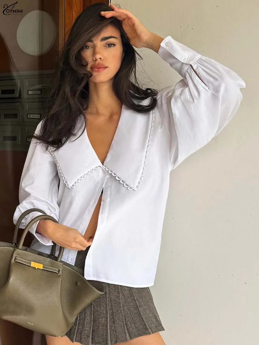 Oymimi Elegant White Cotton Woman Blouses Fashion Turn-Down Collar Long Sleeve Lace Blouses Casual Single Breasted Loose Shirts
Oymimi Elegant White Cotton Woman Blouses Fashion Turn-Down Collar Long Sleeve Lace Blouses Casual Single Breasted Loose Shirts