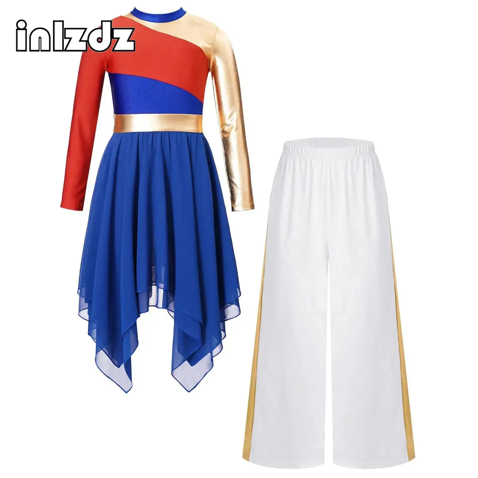 Kids Girls Liturgical Praise Dance Costume Outfit Asymmetrical Chiffon Hem Metallic Fabric Patchwork Dress with Wide-Leg Pants
Kids Girls Liturgical Praise Dance Costume Outfit Asymmetrical Chiffon Hem Metallic Fabric Patchwork Dress with Wide-Leg Pants