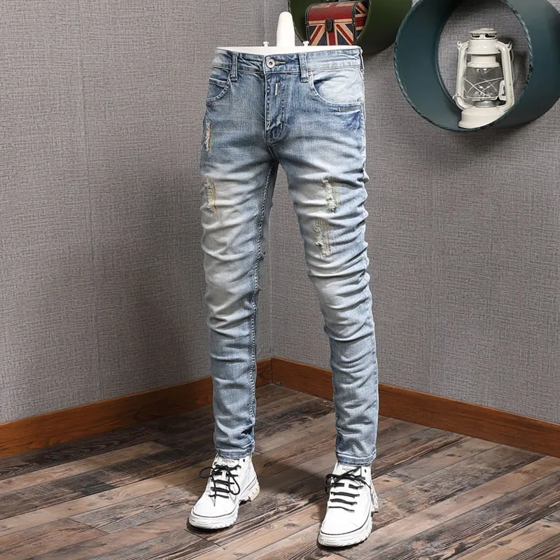 Street Fashion Men Jeans Retro Light Blue Stretch Slim Fit Patched Ripped Jeans Men Embroidery Designer Vintage Denim Pants
Street Fashion Men Jeans Retro Light Blue Stretch Slim Fit Patched Ripped Jeans Men Embroidery Designer Vintage Denim Pants