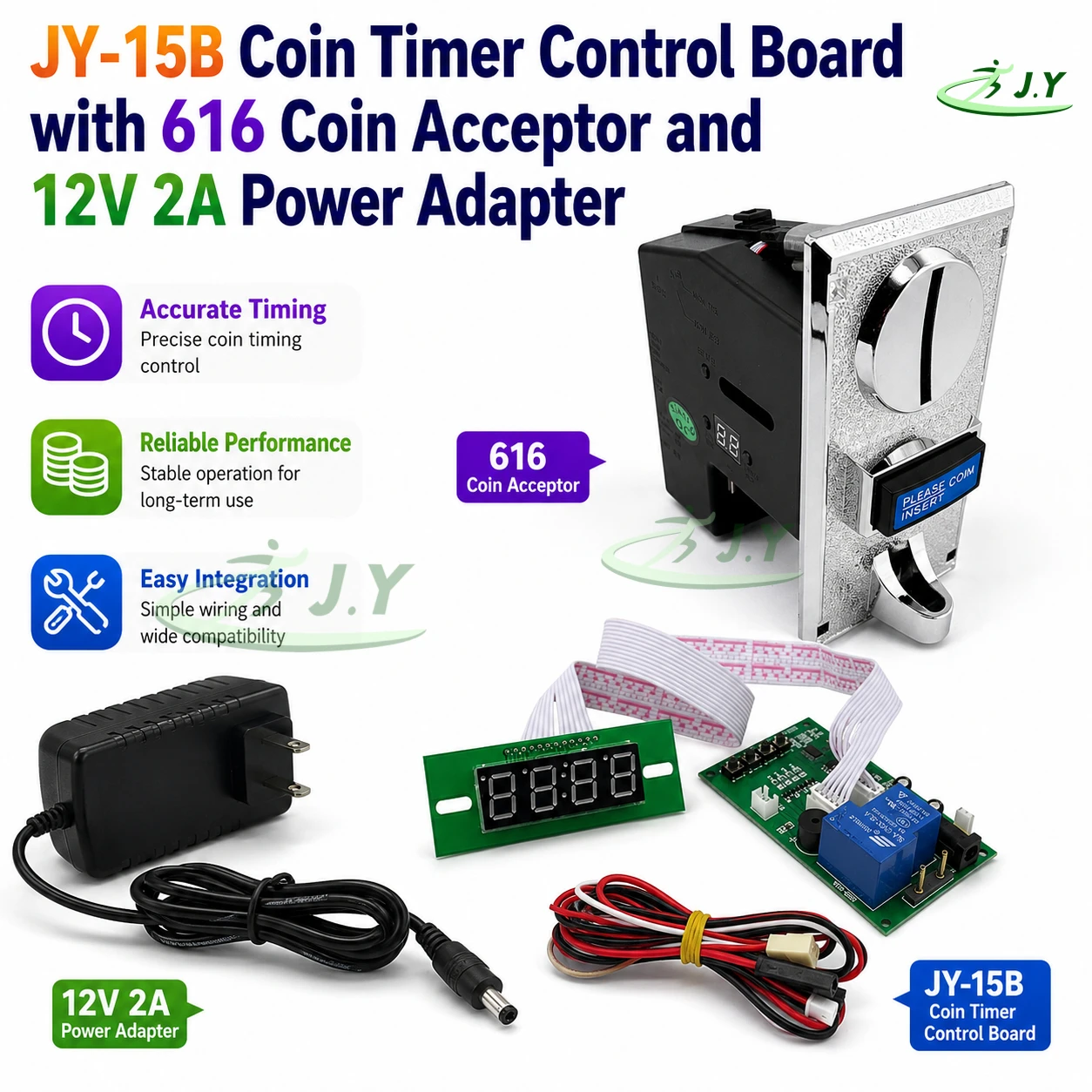 JY-15B Coin Timer Control Board with 616 Multi Coin Acceptor and 12V 2A Power Adapter, Programmable Coin Operated Timer Kit
JY-15B Coin Timer Control Board with 616 Multi Coin Acceptor and 12V 2A Power Adapter, Programmable Coin Operated Timer Kit