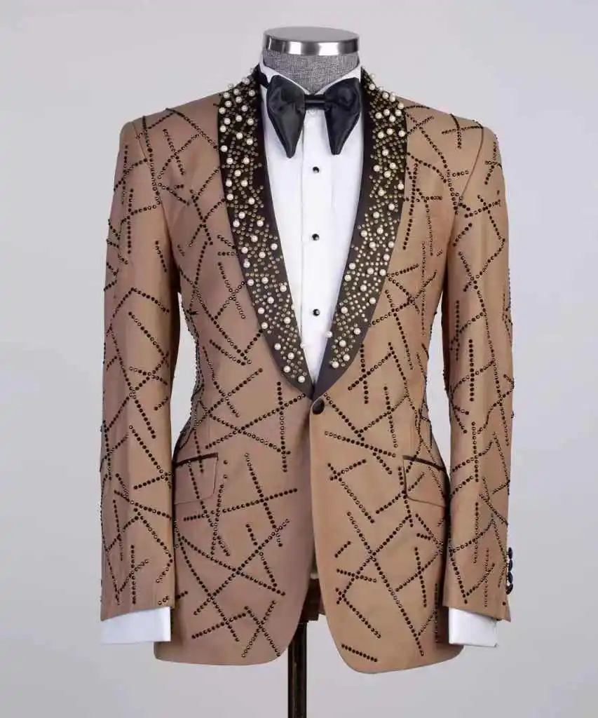 Khaki Men Suits Set 2 Pieces Crystals Blazer+Black Pants Trousers Wedding Tuxedos Jacket Formal Office Business Red Carpet Coat
Khaki Men Suits Set 2 Pieces Crystals Blazer+Black Pants Trousers Wedding Tuxedos Jacket Formal Office Business Red Carpet Coat
