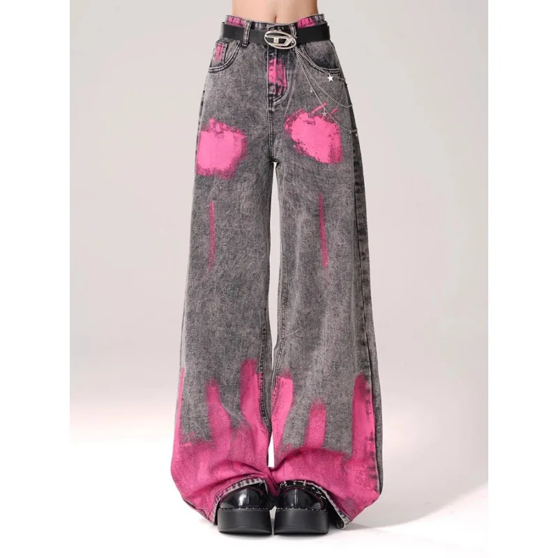 Women's Gray Pink Graffiti Wide Leg Jeans, High Waist Baggy Straight Denim Pants, Y2K Streetwear Trousers
Women's Gray Pink Graffiti Wide Leg Jeans, High Waist Baggy Straight Denim Pants, Y2K Streetwear Trousers