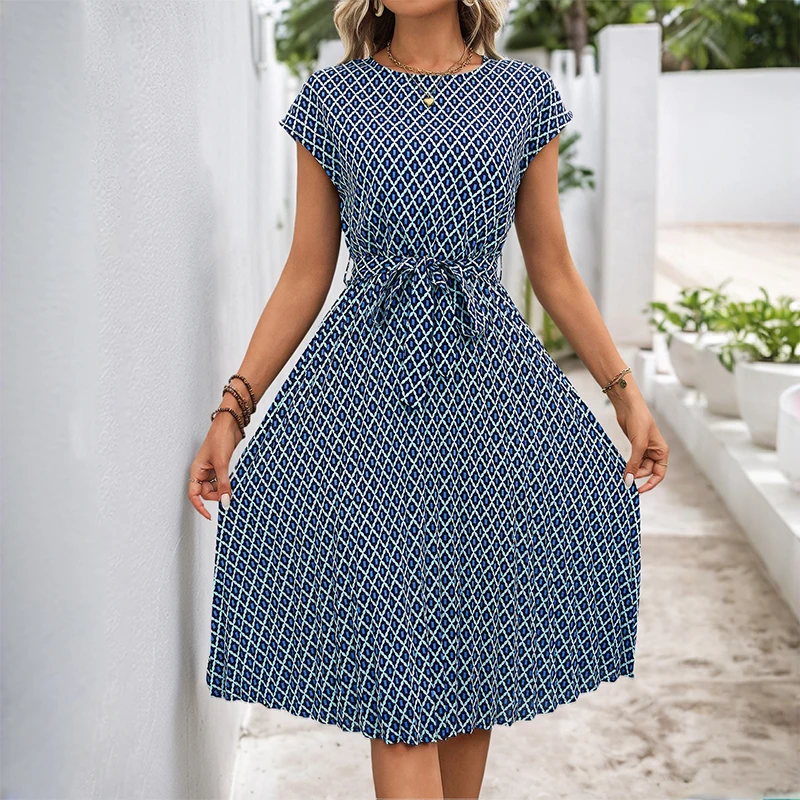 Women's Blue Geometric Print Crew Neck Short Sleeve Tie Waist Midi Dress Summer Casual Party Daily Boho Fashion Slim Fit
Women's Blue Geometric Print Crew Neck Short Sleeve Tie Waist Midi Dress Summer Casual Party Daily Boho Fashion Slim Fit