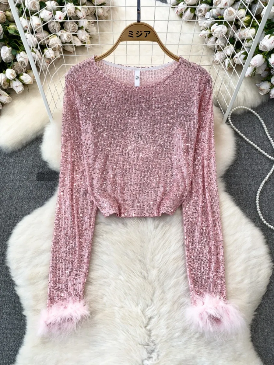 iny Sequin Loose Casual round Ne Women's T-irt Spring Autumn Faion Sexy Sve Patchwork Korean Sle Long Sve
iny Sequin Loose Casual round Ne Women's T-irt Spring Autumn Faion Sexy Sve Patchwork Korean Sle Long Sve