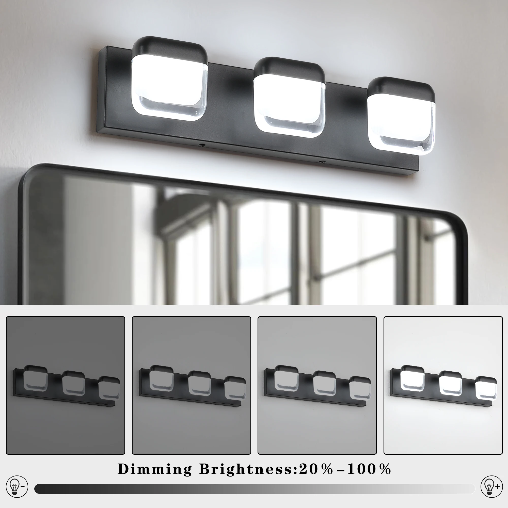 20.5in 3-Light Black Bathroom Vanity Light Fixture over Mirror with Black and High Transmittance Lamshade LED Dimmable 5500K
20.5in 3-Light Black Bathroom Vanity Light Fixture over Mirror with Black and High Transmittance Lamshade LED Dimmable 5500K