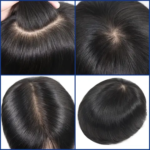 Silk Base PU Around Wigs for Man #1B Human Hair Men Toupee 6" Short Straight Male Hair Prosthesis Replacement Systems Hair Piece