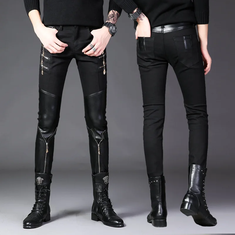 Men Korea Skinny Performance Gothic Jeans Pants Leather Patchwork Multi Zipper Pencil Pants Black Color
Men Korea Skinny Performance Gothic Jeans Pants Leather Patchwork Multi Zipper Pencil Pants Black Color