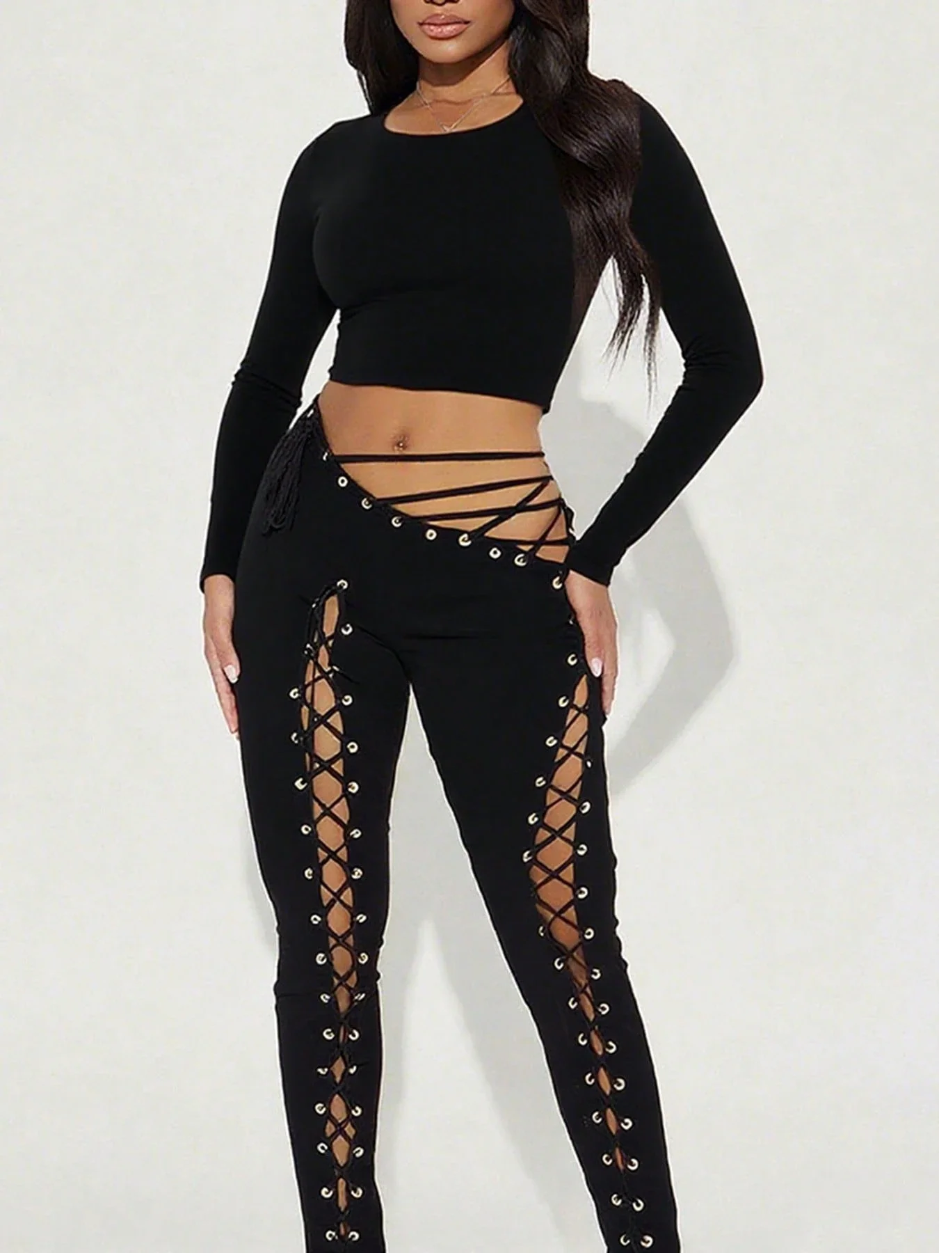 Women Long Sleeve Crop Top And Skinny Pants Set Sexy Hollow Out Lace Up Black Spring
Women Long Sleeve Crop Top And Skinny Pants Set Sexy Hollow Out Lace Up Black Spring