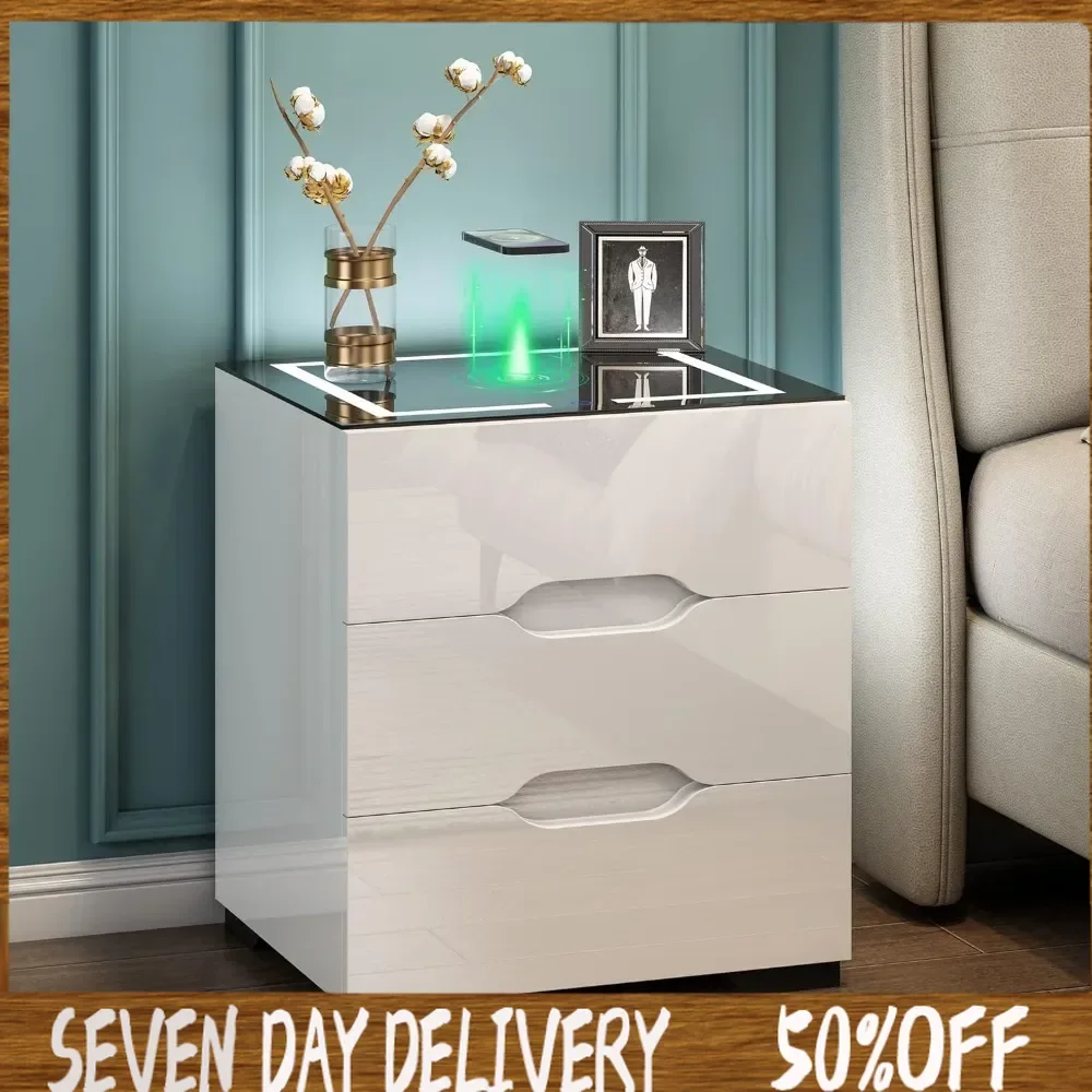 Smart Nightstand with Wireless Charging Station & Adjustable LED Lights, High Gloss End Table with 3 Drawers & USB Charging
Smart Nightstand with Wireless Charging Station & Adjustable LED Lights, High Gloss End Table with 3 Drawers & USB Charging