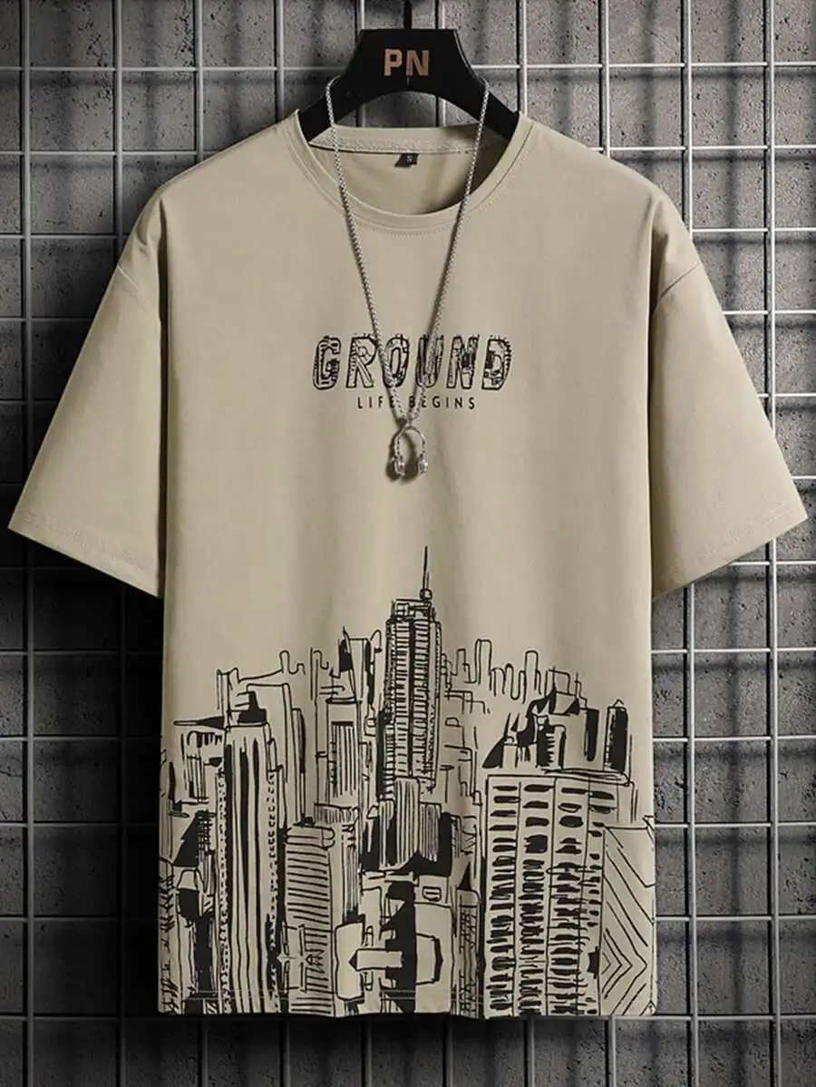 Мужская футболка свободного кроя с бежевым принтом городского пейзажа
Мужская футболка свободного кроя с бежевым принтом городского пейзажа
