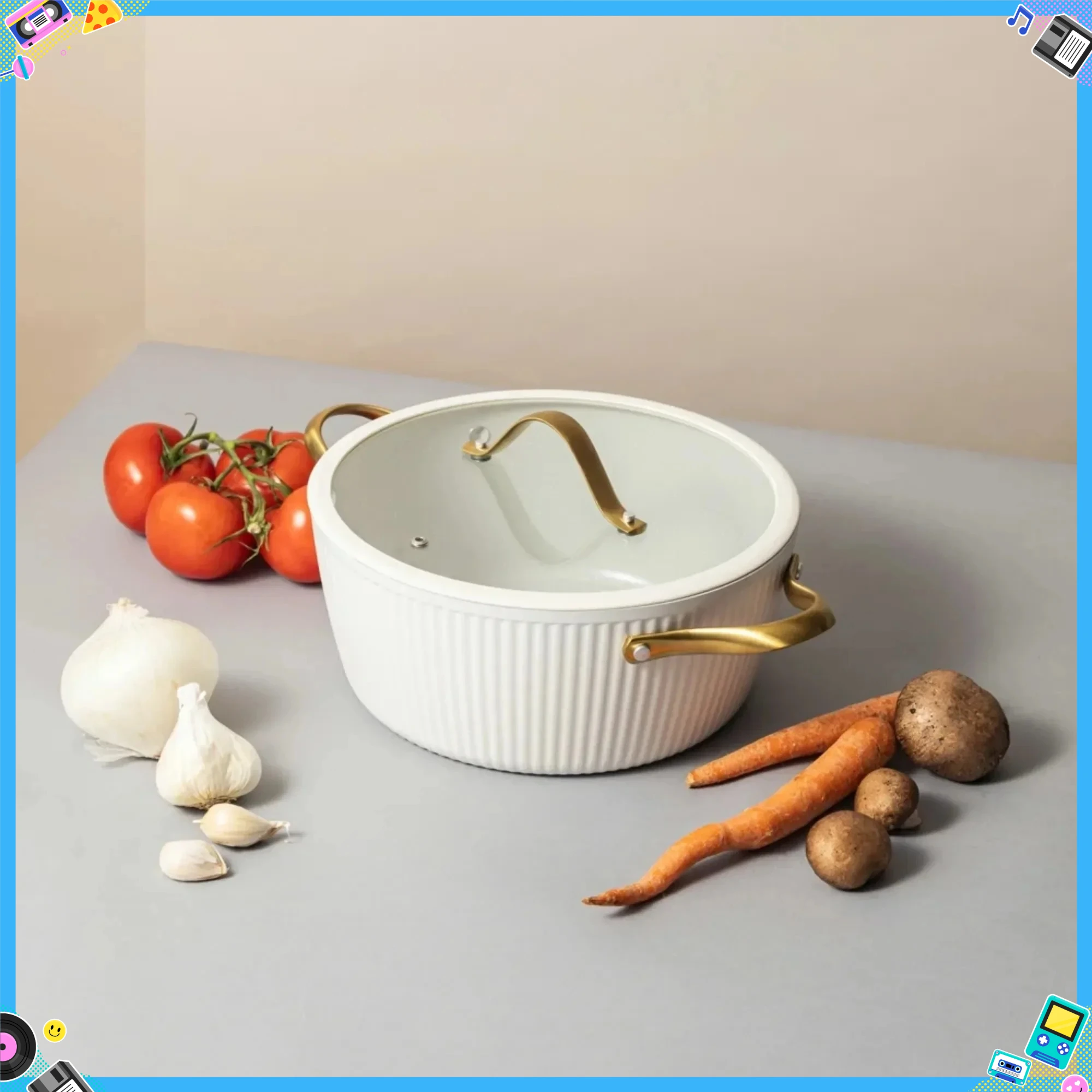 White & Gold 5.5QT Non-Stick Dutch Oven, Ribbed Even Heating Design, Oven & Dishwasher Safe for Cooking
White & Gold 5.5QT Non-Stick Dutch Oven, Ribbed Even Heating Design, Oven & Dishwasher Safe for Cooking