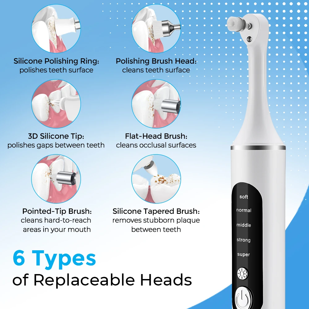 New Tooth Polisher Whitening Cleane 5 Modes With 6 Brush Heads Teeth Whitening Removal Plaque Calculus Stains Tartar Tooth Clean
New Tooth Polisher Whitening Cleane 5 Modes With 6 Brush Heads Teeth Whitening Removal Plaque Calculus Stains Tartar Tooth Clean