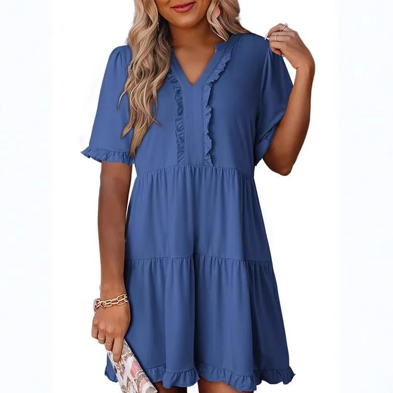 Women Summer Solid Color V Neck Dresses Casual Patchwork Ruffles Short Sleeve A Line Skirt Fashion Ladies Loose Short Mini Dress
Women Summer Solid Color V Neck Dresses Casual Patchwork Ruffles Short Sleeve A Line Skirt Fashion Ladies Loose Short Mini Dress