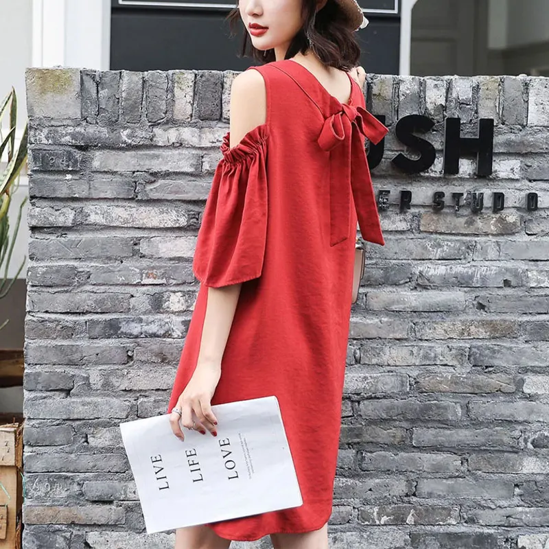Elegant Off Shoulder Midi Dress Loose A-Line Fashion Drawstring Monochromatic Casual Round Neck Female Clothing Summer New
Elegant Off Shoulder Midi Dress Loose A-Line Fashion Drawstring Monochromatic Casual Round Neck Female Clothing Summer New