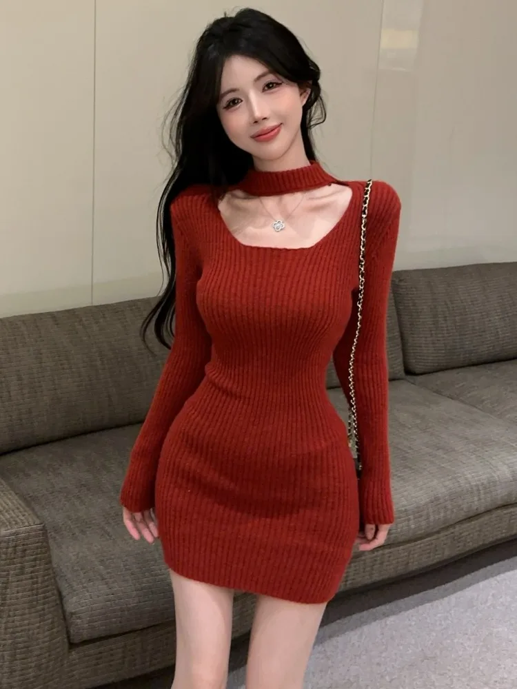 Slimming Knitted Sweater Dress Christmas Red Thick Long Sleeve Hollow out Design Autumn Winter Style Women's Fashion Casual Wear
Slimming Knitted Sweater Dress Christmas Red Thick Long Sleeve Hollow out Design Autumn Winter Style Women's Fashion Casual Wear